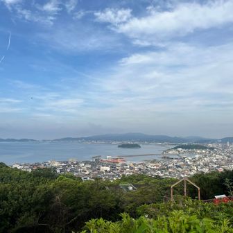 蒲郡の街並みと竹島が見えます