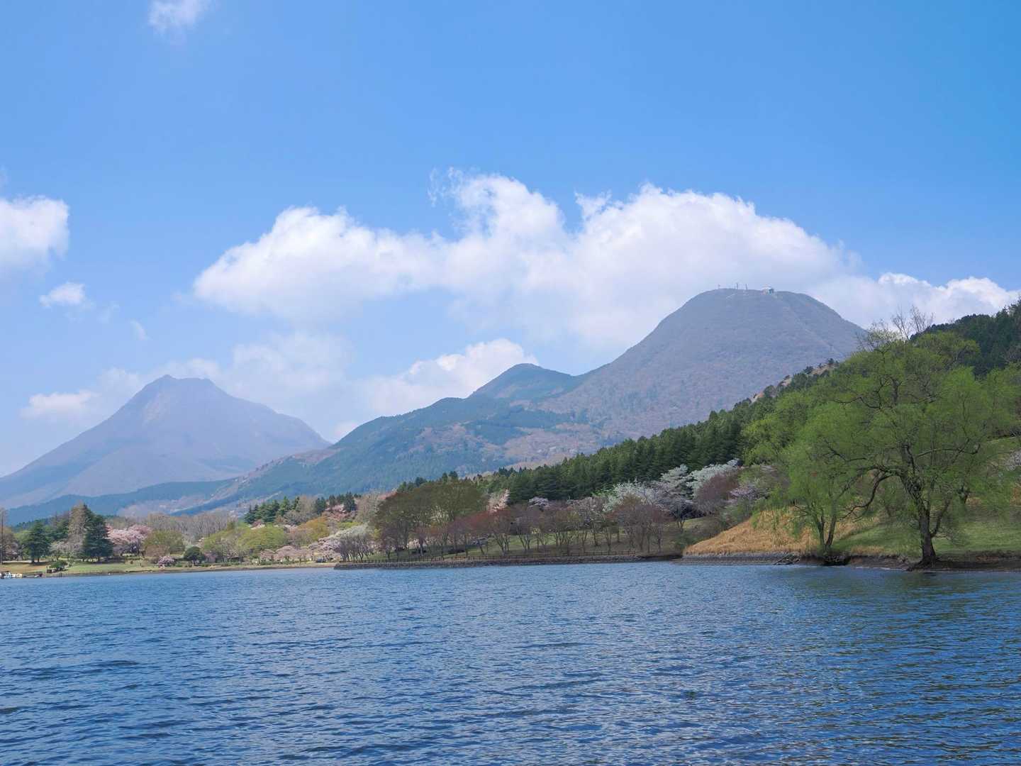 湖面が波立ってリフレクションどころでは無いが、由布岳、南平台、鶴見岳のガスは抜けてくれた✨