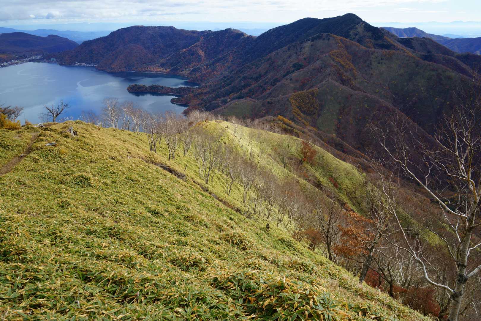これから辿る半月山への稜線。
右奥のやや暗い山頂が半月山。