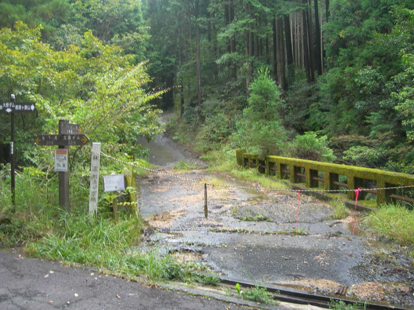参道橋横の駐車地までの林道は、狭く荒れている所があり。