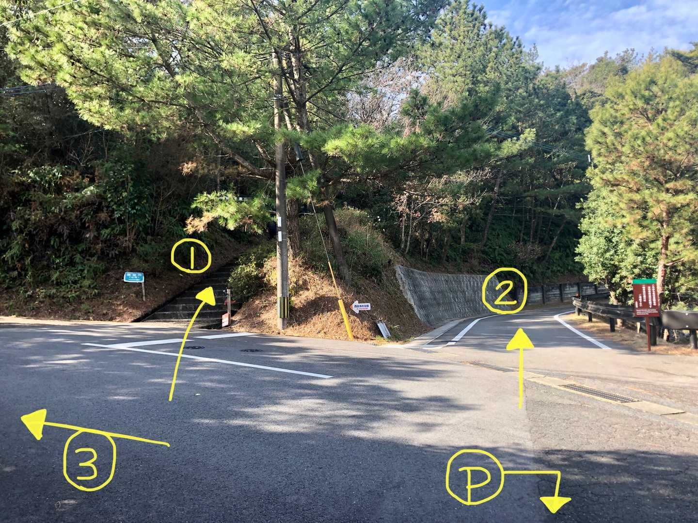 ウロウロしている内に方向音痴を発揮して、こんがらがってしまいました🌀
最初の駐車場を出た道です。

①千巌山山頂行き⛰
　(階段や大岩、東屋のある遊歩道)
②絶景展望台への直通ルート
　(障害者専用車道、徒歩は誰でも可、途中で子供
　広場に下りる階段・オルレの案内板がある)
③千元森嶽行き⛰
　(車道、青年の森行き)
🅿︎千巌山展望所駐車場
　(本日車を停めている所💦)



