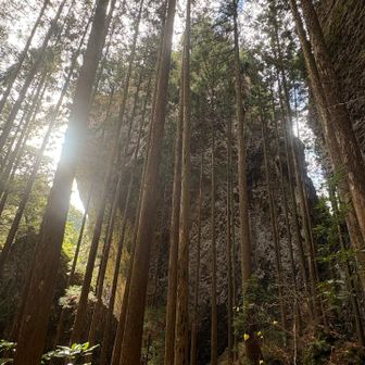 鬼岩が他の岩よりも何倍も大きなスケールでそびえています