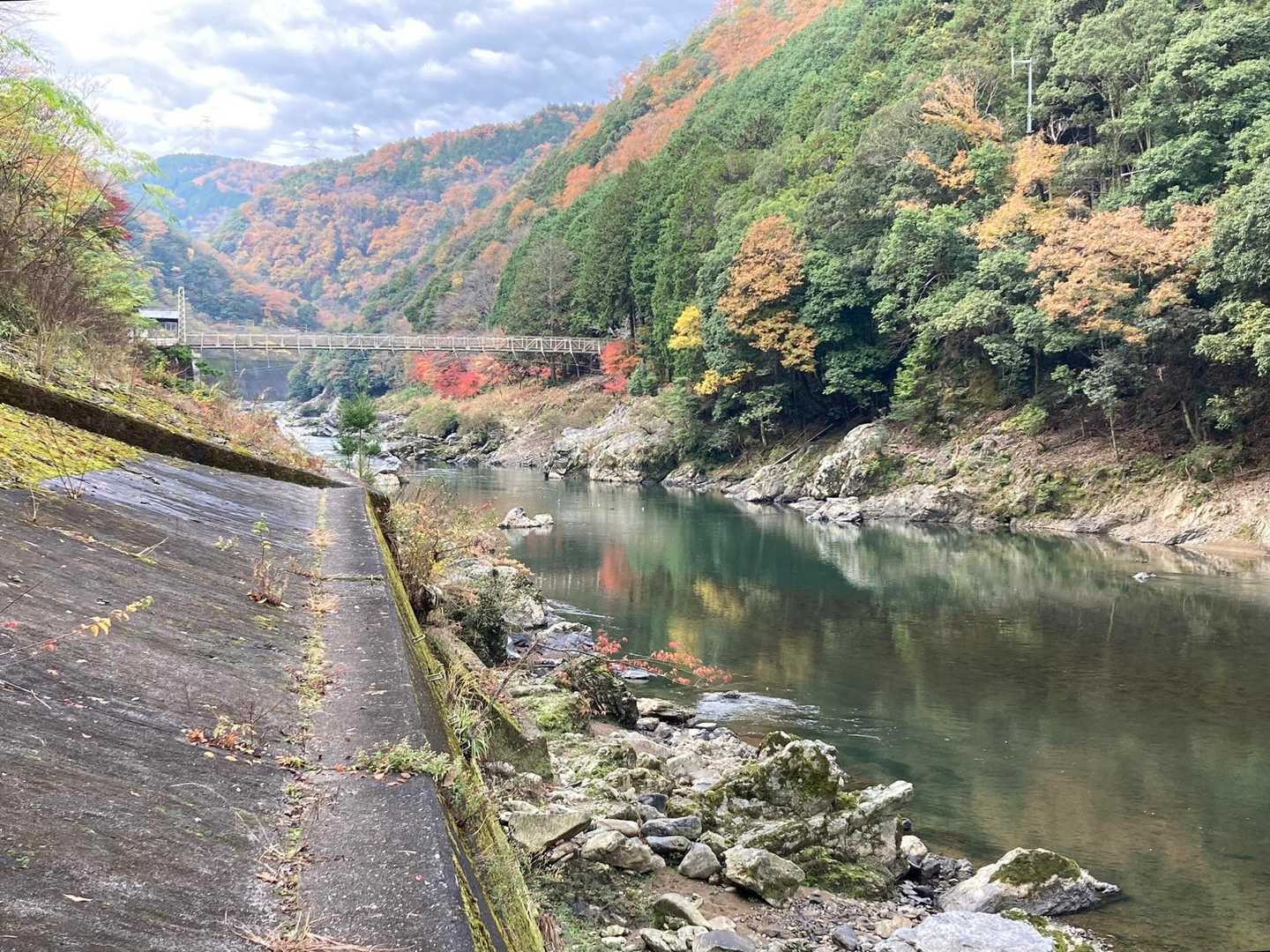 振り返って。
前方の段差のところで端まで下りられました。
最初から土手の端を歩く方が安全です。

保津峡の紅葉🍁が綺麗です。
