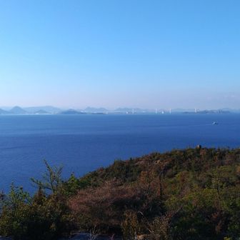 頂上からの眺望です 👍️南西方向
空と海の境に白の一直線、瀬戸大橋です。遠くに四国の山々。