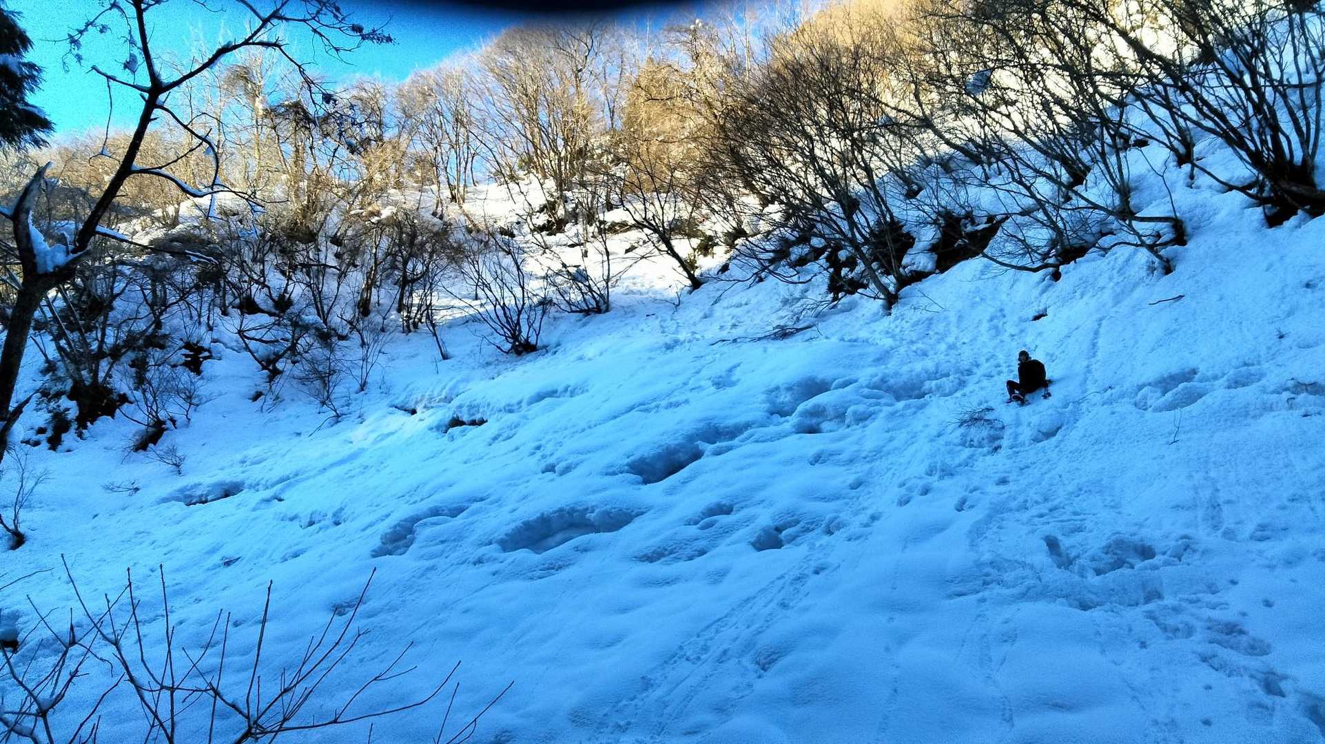 いきなり口三方岳登山口から取り付きの、距離約70㍍高低差約70㍍の斜面に悪戦苦闘し稜線上の登山道に出るまでに1時間半もかかってしまいました。
暗くて良くわからんわ、朝の放射冷却の冷え込みで表面が凍ってたり、かと思えば、表面崩れて腰まで体埋まったり、ワカンは外れるは、手袋軍手でベチャベチャになるわ、硬い表面で塩ビ製ワカン壊れても困るし、とにかくヒッデー目に遭いました。
後で記録見たらカフェタイムを4回、合計時間約1時間で、それだけの時間、ワカン外したり付けたりしてたようです。
今思えば、装着と使い方をしっかりやっとけば、どーって事無かったかな？
これは、帰りに明るくなって撮った現場の写真です。