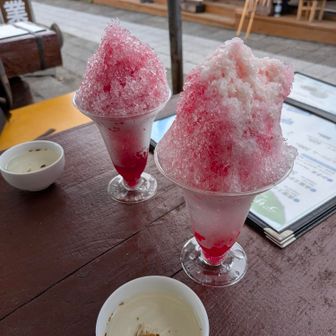 須走口五合目に着いて、バスの時間まで、赤富士かき氷🍧身体の芯までクールダウン👍️お茶美味しかった〜