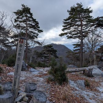 薄っすら雪が積もる山頂。富士山は見えず。