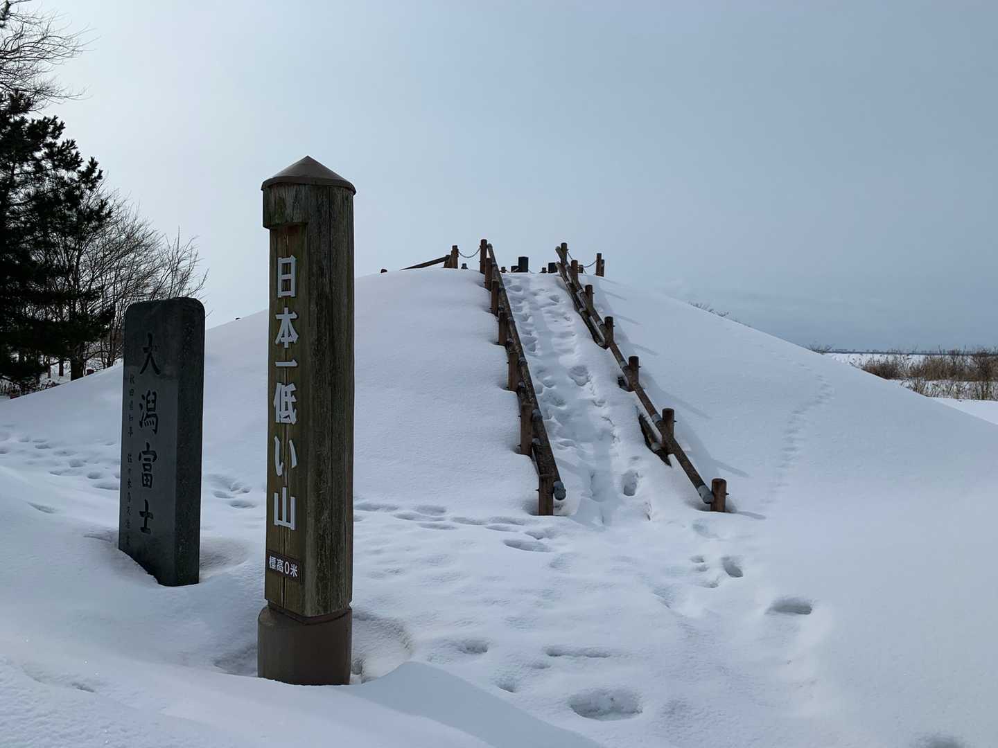 さあ、登りましょう。階段は雪ですね