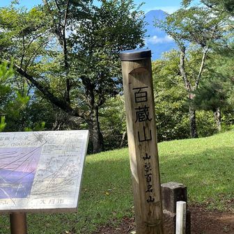大同山から引き返して分岐から緩い坂を登って山頂到着
百蔵山山頂柱の後ろに富士山
まだ見えてるけど中腹に雲が出てきてるな