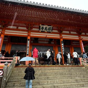 本堂　外国人のマナーの問題か？
本堂の中には入れないようにしてるみたいだ😭しょうがないなぁ
外国人はみんな雨宿り😆