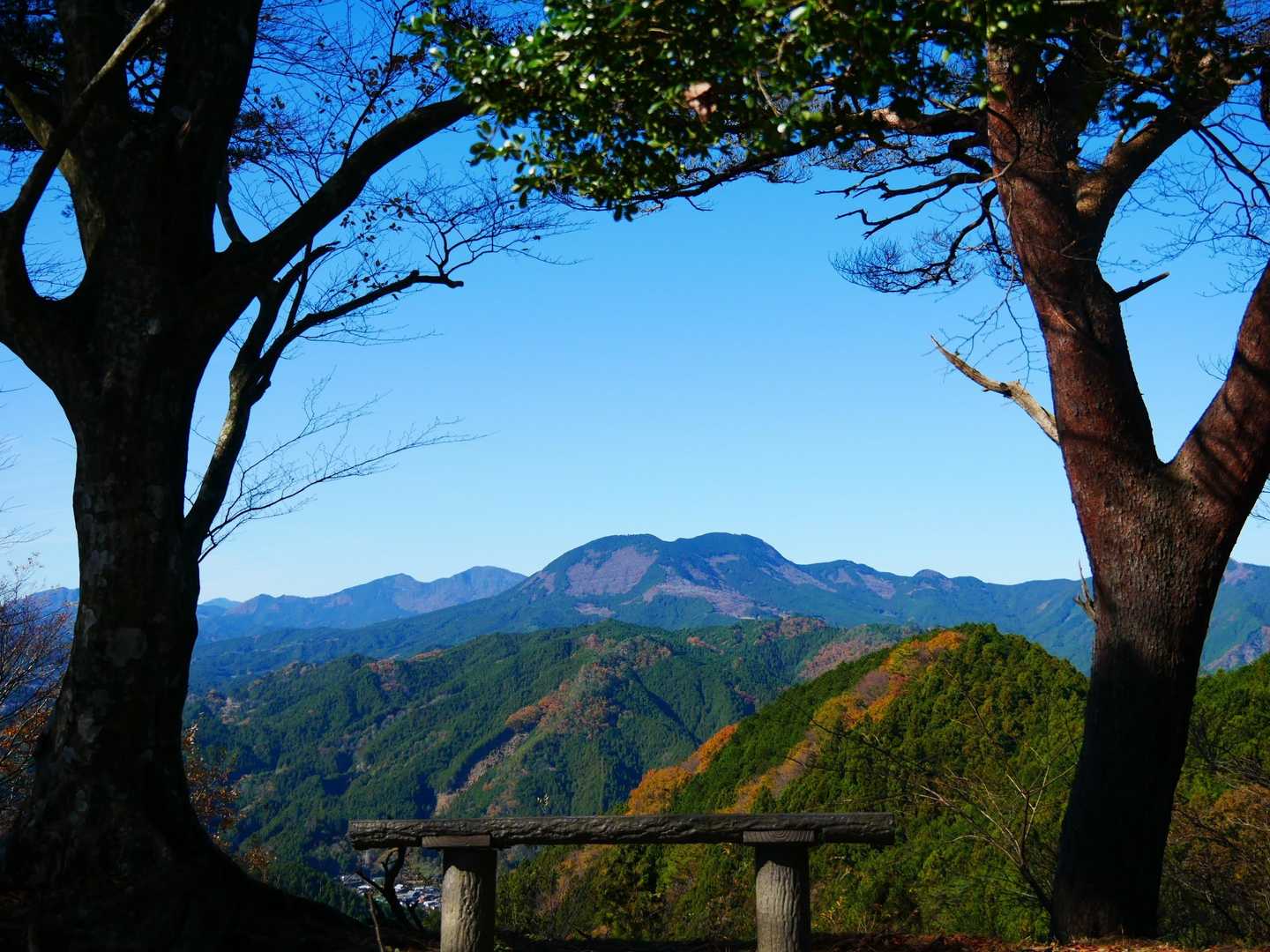 そして山頂到着🙌
そうなんです！このベンチからの景色が見たくて…。
大洞山と尼ヶ岳が見られます😍
美杉のカレンダーの一枠です！
でも何だか違う…