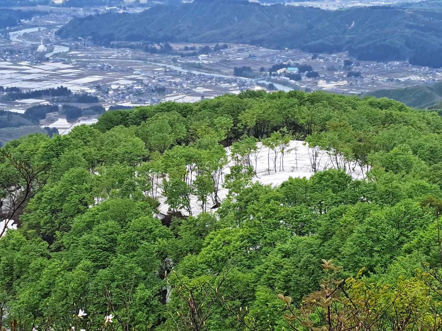 新緑と残雪の対比が美しい
むこうは広神の街