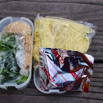 💁🏻‍♀️📷山頂メシの具。

ほうれん草、青葱、極太メンマ、煮卵、生麺、タレ。