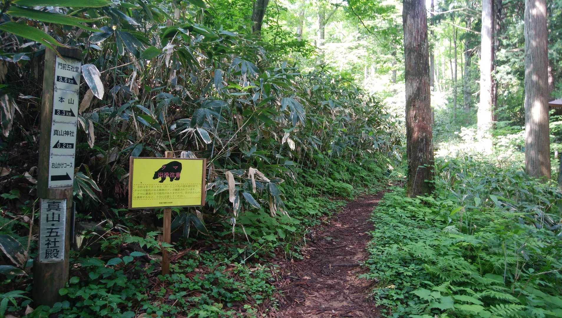 道標〖真山・五社殿〗の横に[ 🐻の出没注意 ] とありました😓