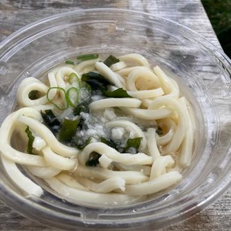 小屋前でお昼　大根おろしうどん