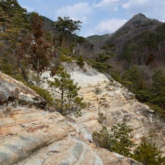 四賀キャニオン！にも立ち寄る。右奥のお山が虚空蔵山。
この砂岩で出来た露頭地帯は実に興味深い🤔
まさにフォッサマグナ！かつて、ここが海であったことがよく分かる。