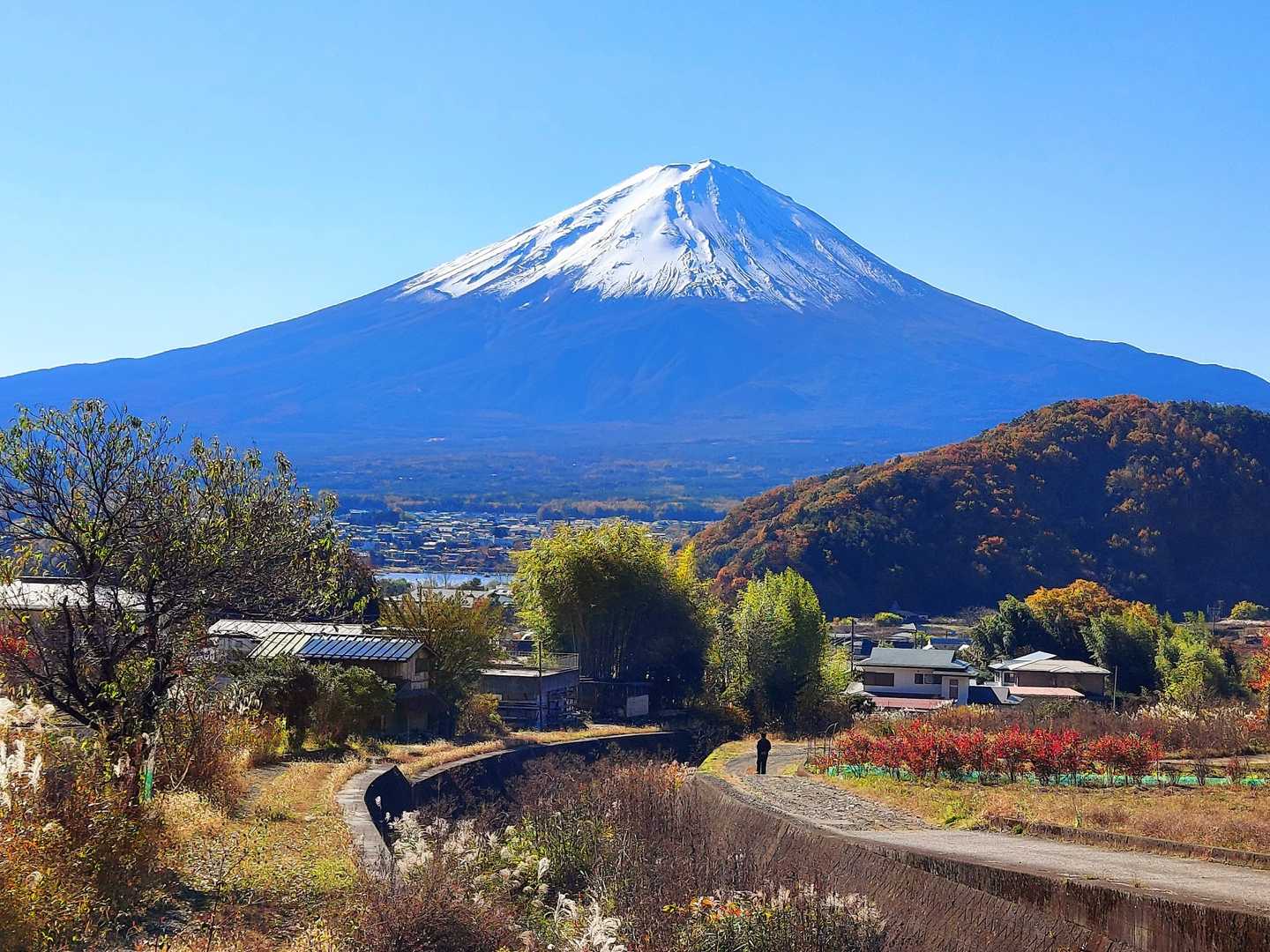 バス停からの登山道へ向かう道、振り返ると富士山😍