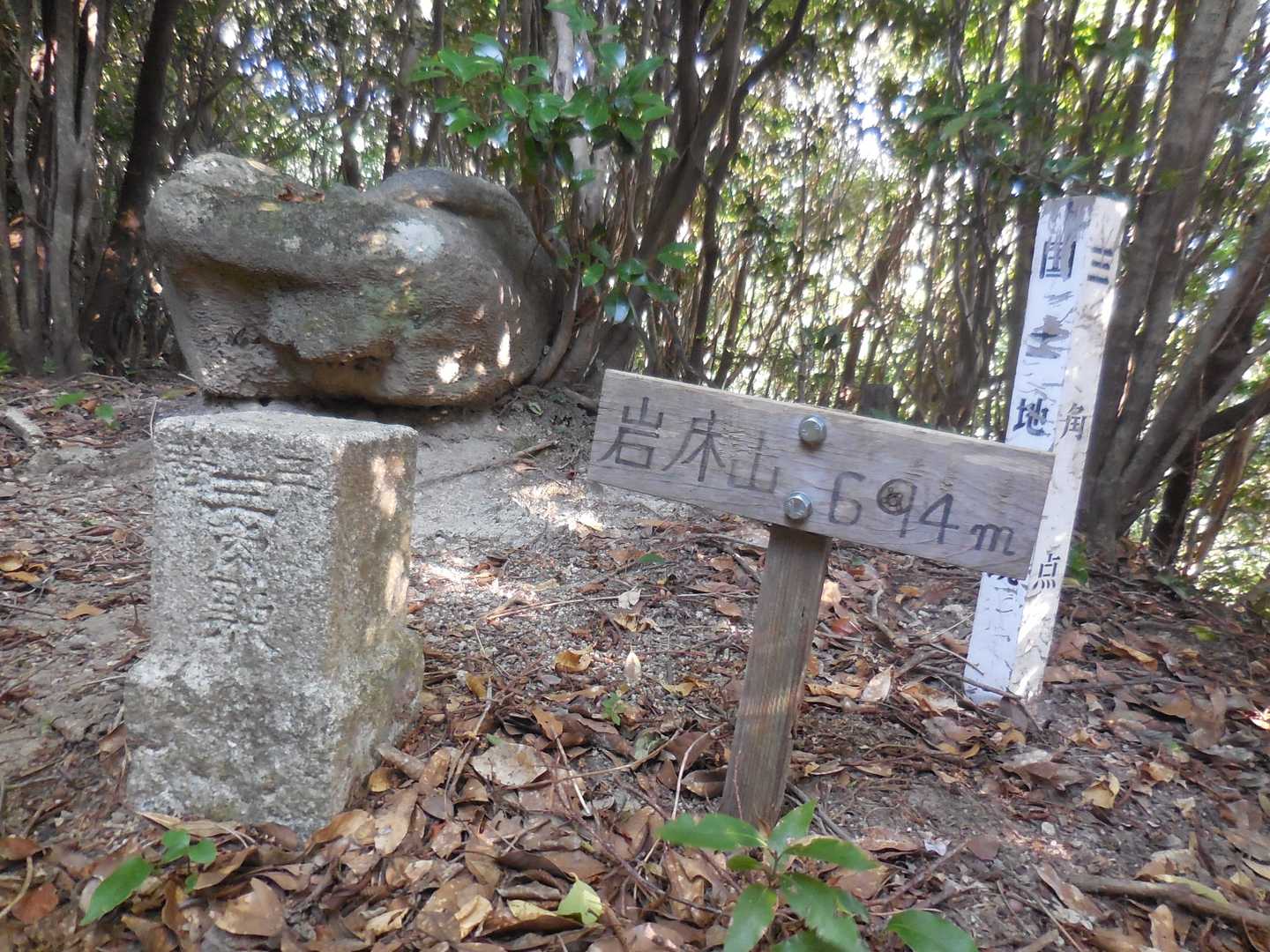 岩床山（いわとこやま 694.4m）山頂。
※眺望無し。
林道の取り付きからは標高約50m程下ります。