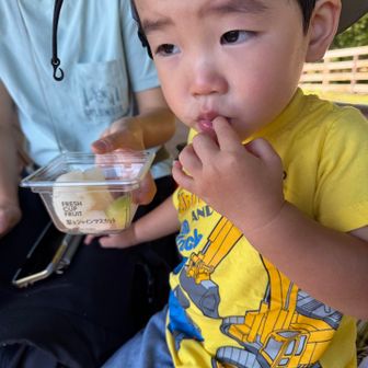 展望台につき、フルーツとお菓子で機嫌を取る