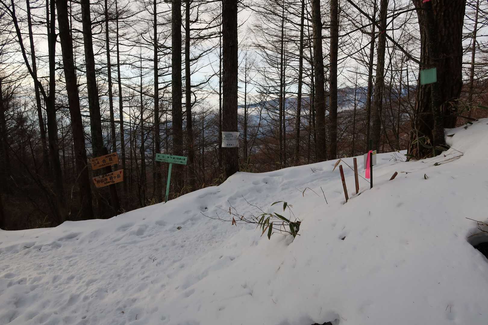 四合目到着。仲仙寺ルートから登る人の方が多いみたいで、ここからしっかり圧雪されている。