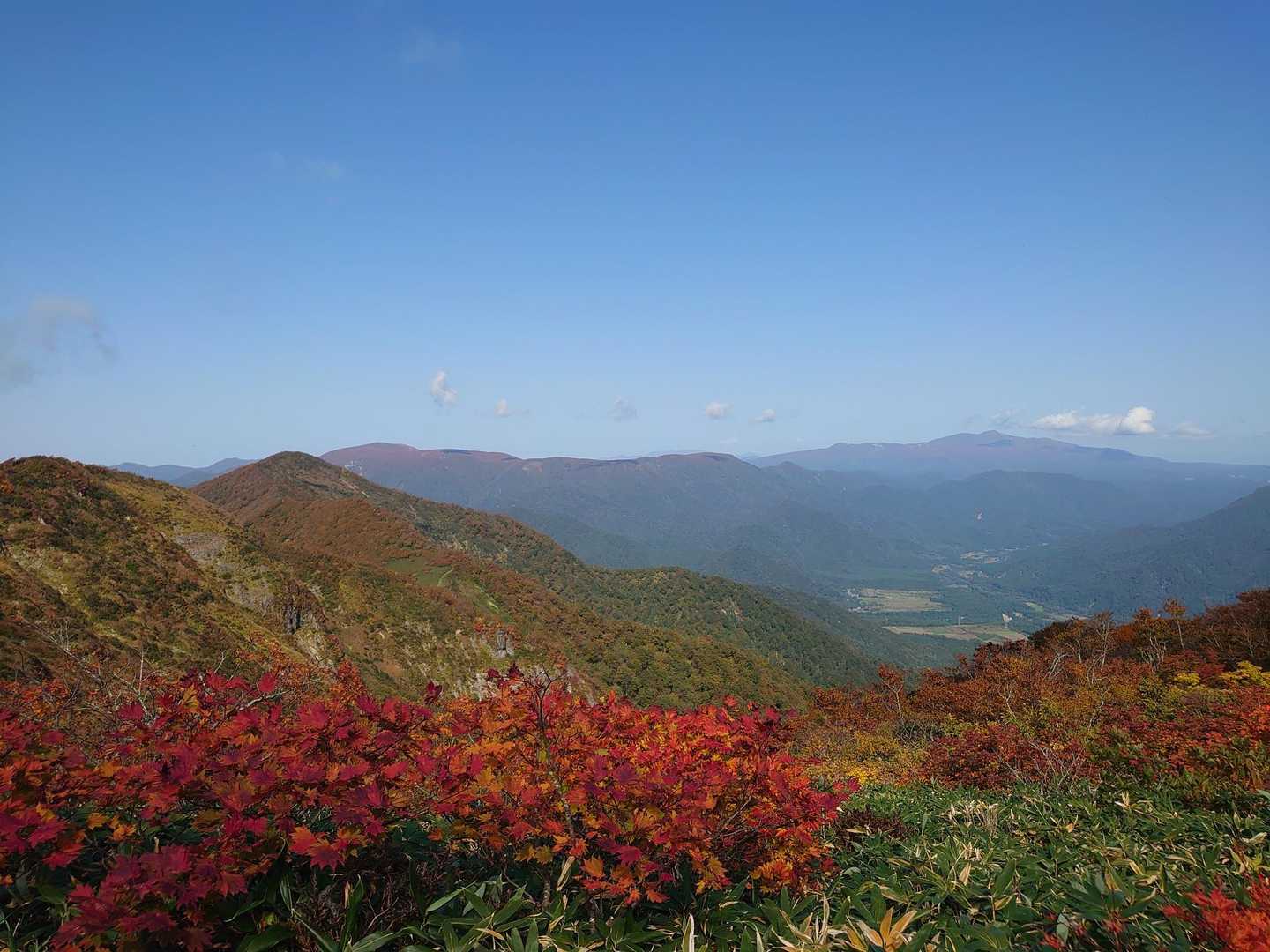 左奥が高松岳で右奥が栗駒山でしょうか？
写真では写りがいまいちですが山頂付近が真っ赤に燃えています🍁