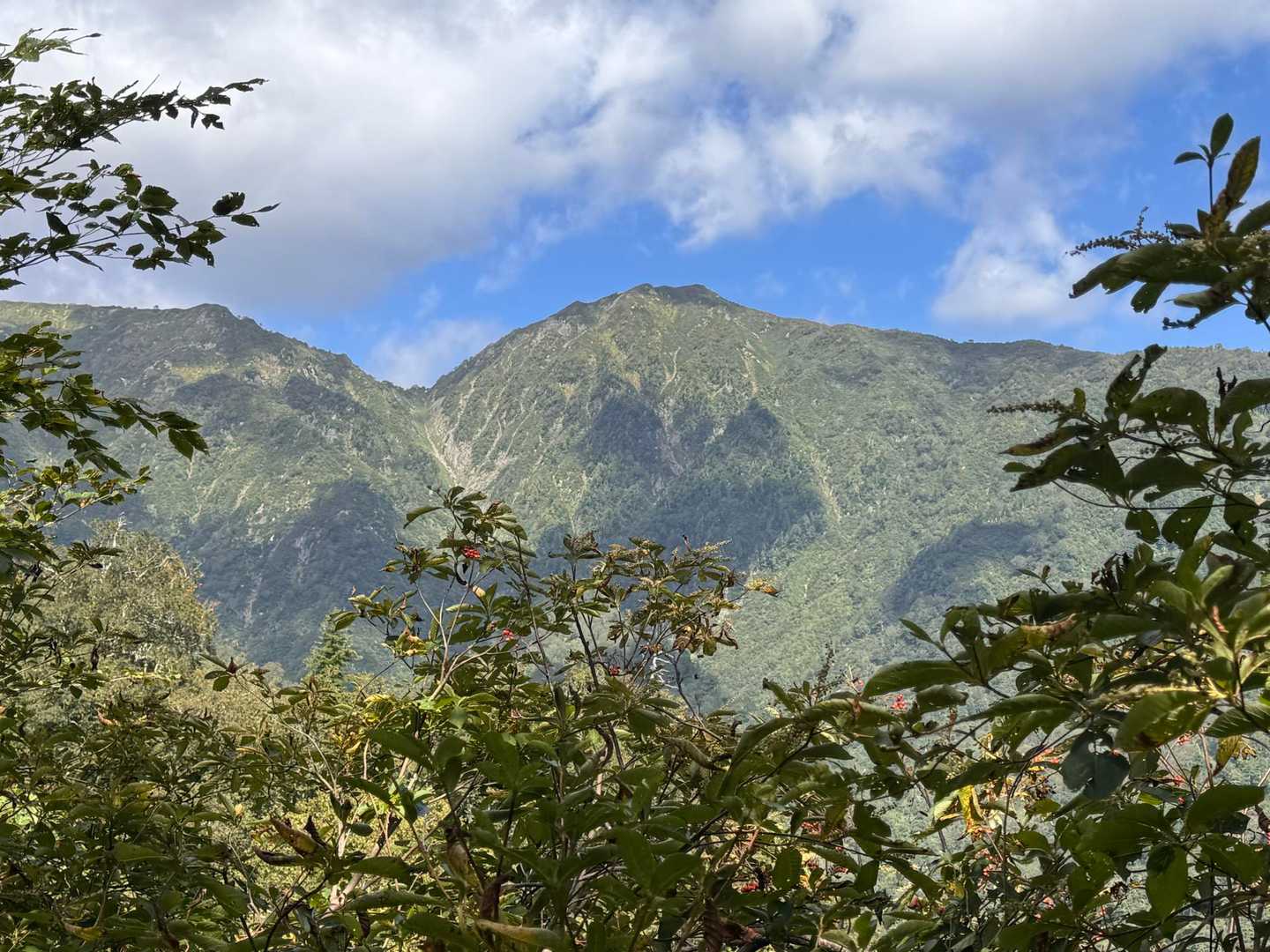 右ピークが小朝日岳、Ｖ字の鞍部が熊越
（小朝日岳からの急峻な登り返しがよく分かる）