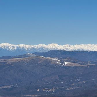 手前の霧ヶ峰、美ヶ原と北アルプス