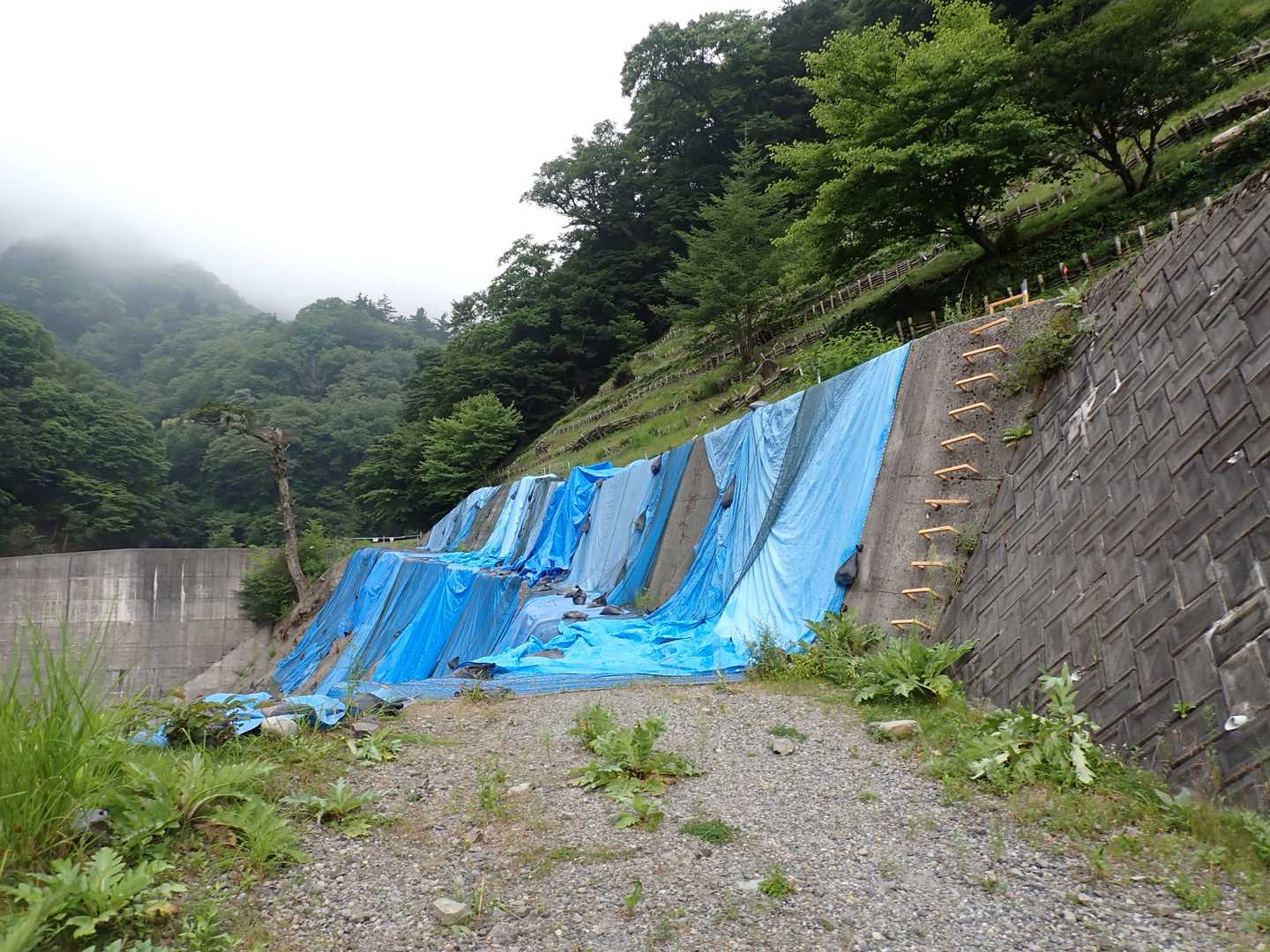 6.5km地点のすぐ後にあるブルーシートで覆われた崩落地点。右側の擁壁に登って巻ける。