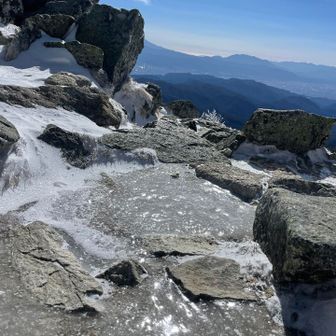 氷。分厚い。
陽当たりが良いから溶けて、寒さで凍って。
カチンコチンのつーるつる。