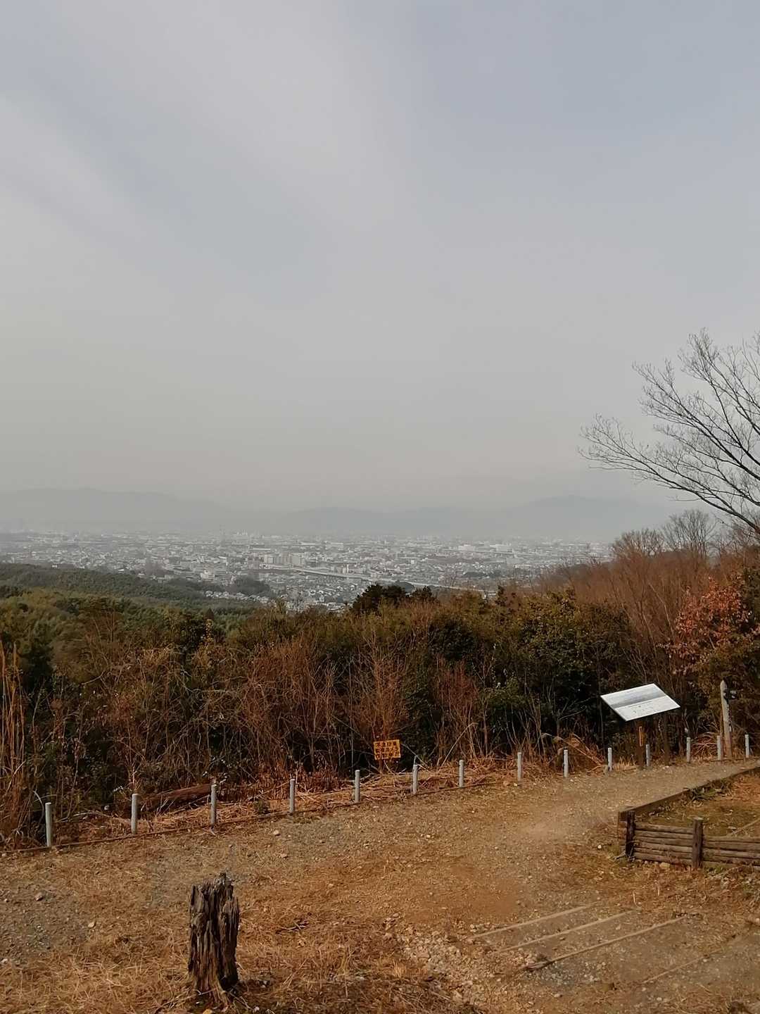 　　　　　展望台到着🙃
　わっ😅　曇ってる！ショック🙃
　　時間があれば看板の向こうの
　道から伏見稲荷大社⛩️⛩️⛩️へ
　行けたんだけど・・・な💦
　休憩もせず！すぐ戻りました🏃