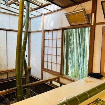 食事処の室内を太い竹が貫いている
窓の外にも竹林
さすが竹寺。