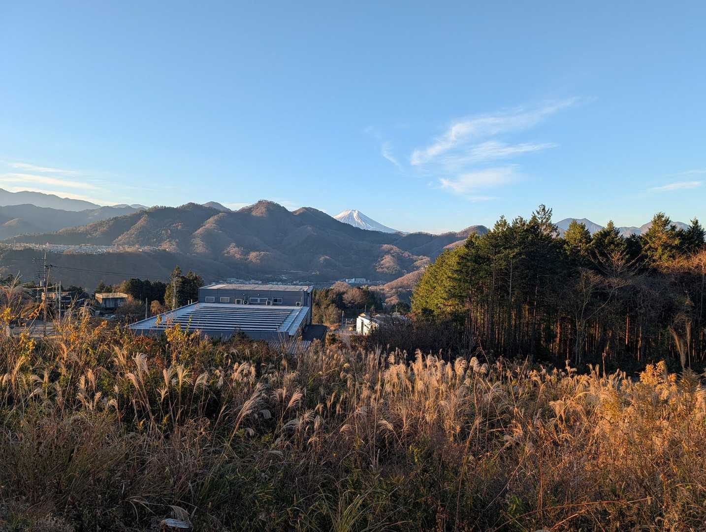 登山口まで急勾配の舗装路を登っていきます。振り返ると朝日に照らされる富士山が見えました🗻