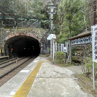 駅のホーム内に、CP. 深沢銭洗弁財天。
隣にはトンネル…横は石積み、天井は煉瓦作り。
帰りの電車内で、そんな説明してたけど、
この写真を見返したら、ホントにそうなってた！