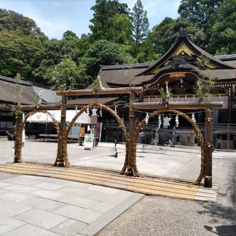三連の茅の輪は全国でも珍しいそうです。茅の輪に人形（ひとがた）がくっついているのも初めて見ました。7/7の七夕まで置いてあります。
たくさんの人を消しゴムで消しましたが雑ですみません😅