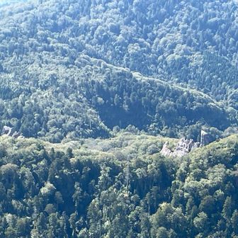 眼下の木々の間から突き出す岩が、じじ岩(右)ばば岩(左)