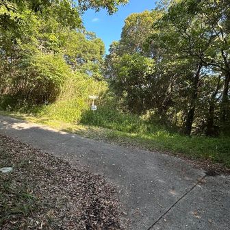 振り返ってみた。　駐車場から歩いてくるとこの舗装された道に出る。　登山道はこの舗装された道かと思いがち。　正面の白い看板とYAMAPフィールドメモのおかげで迷わず行けた。　YAMAPよ 今日もありがとう
