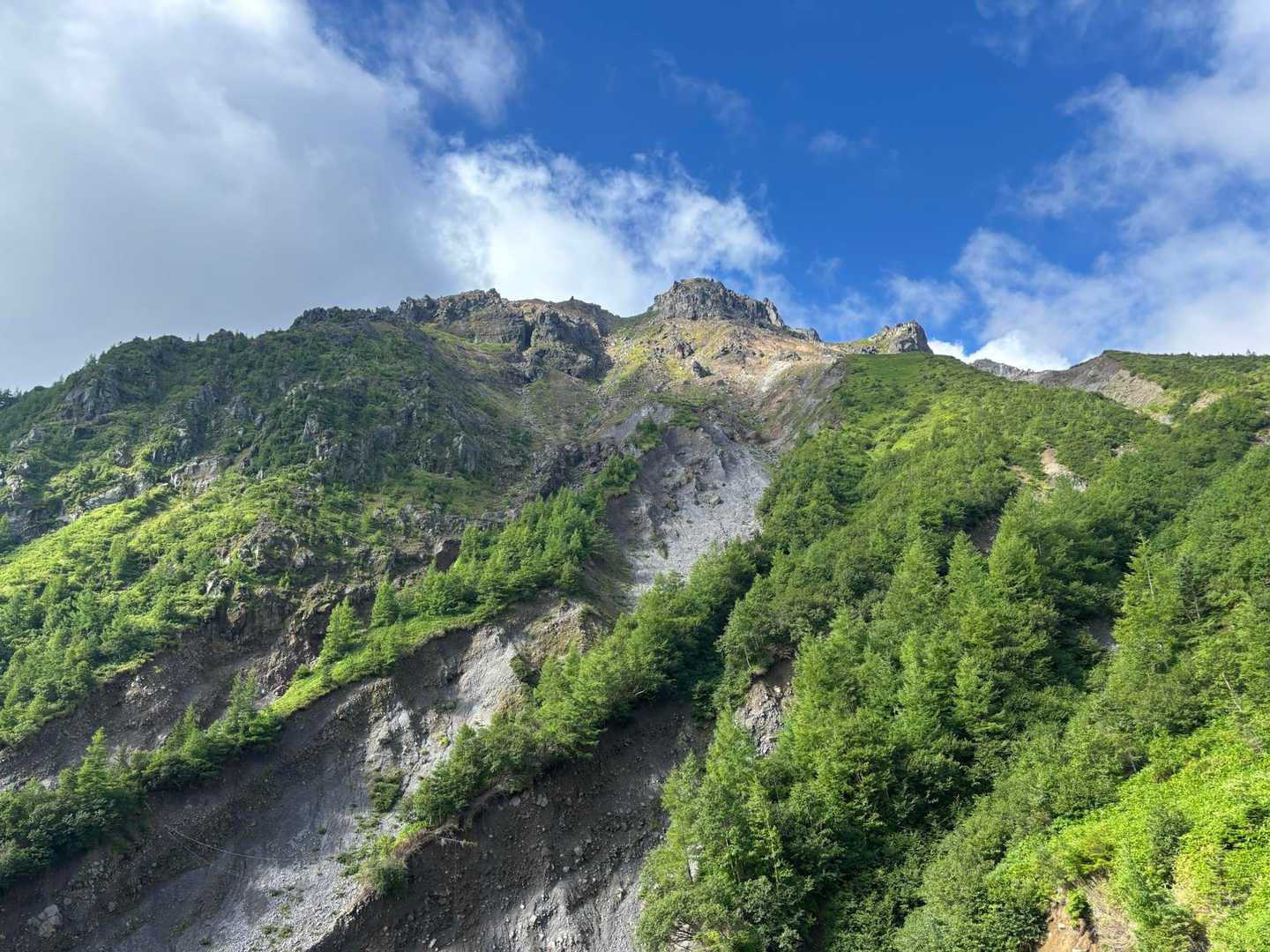 鎖場を過ぎると焼岳を眺めながら九十九折りの道を歩く感じになります。