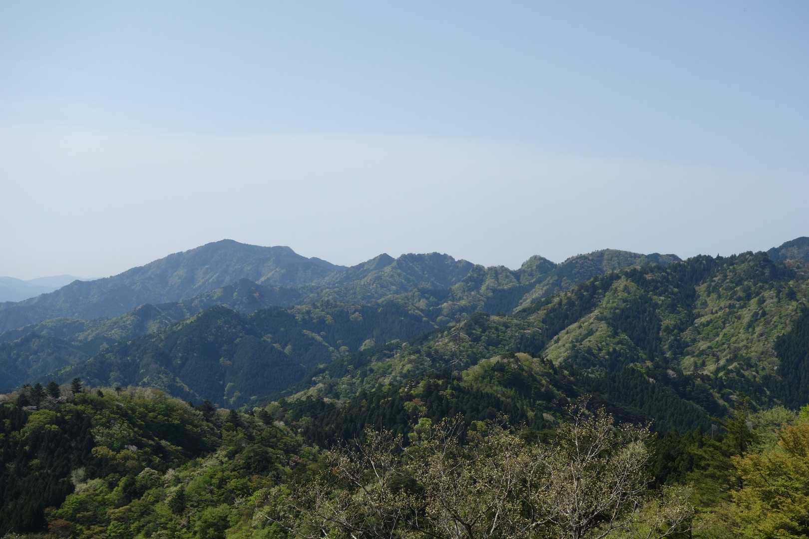 テラスからの絶景。左手の奥が宇連山。美しくてでかい山だ。