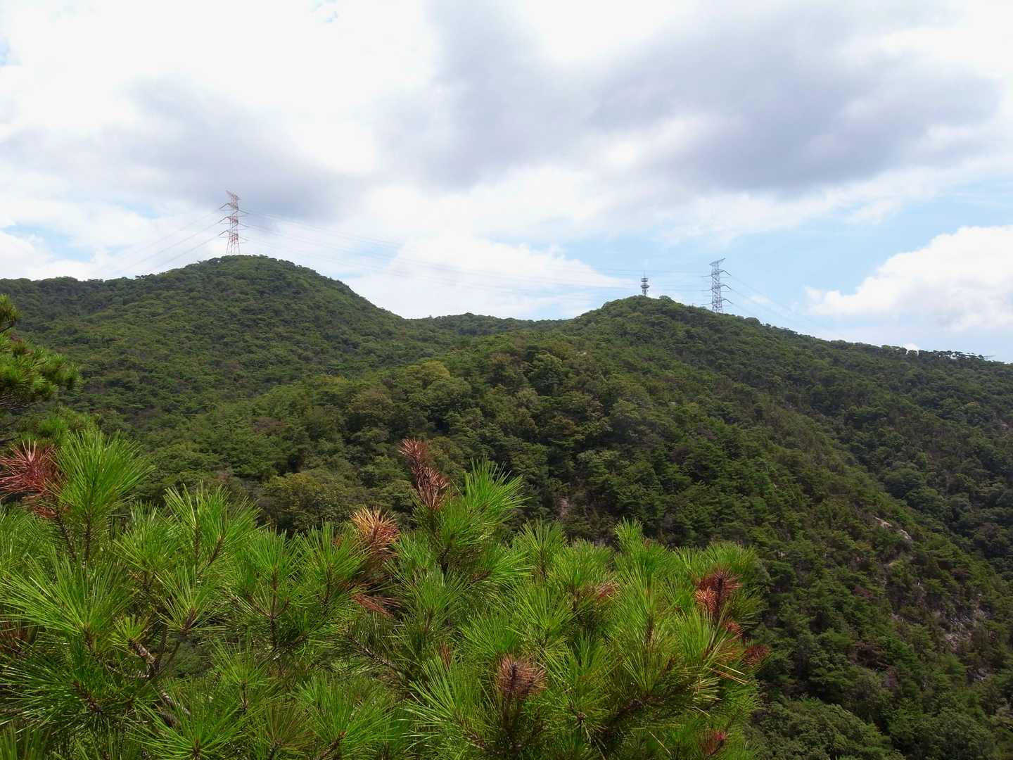 経盛山の鉄塔（左）と、南山崖の上の210番鉄塔。