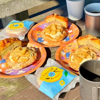 山頂の東屋で休憩です。
なんかすごいことに！
冷蔵庫にパイ生地があったからって、お手製のりんごとカスタードクリーム載せたのが出てきた😆
ボクは最近Instagramでよく見るさつまいものガトーインビジブル作ってきた☺️