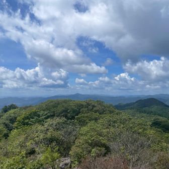 頂上から西大峯山を望みます。右側中央の濃い緑の山がそうです。なかなかの距離。
中央の尖っている山は…分かりません。