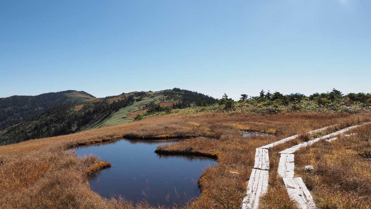会津駒ヶ岳・中門岳、草紅葉広がる稜線へ の写真 15