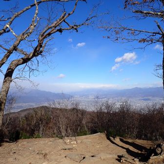 スタートから1時間半程で蛾ケ岳山頂
甲府盆地の向こうの八ヶ岳は雲の中
