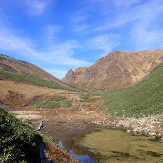 駒池の向こうにゴツゴツとした男岳と丸みを帯びた女岳
