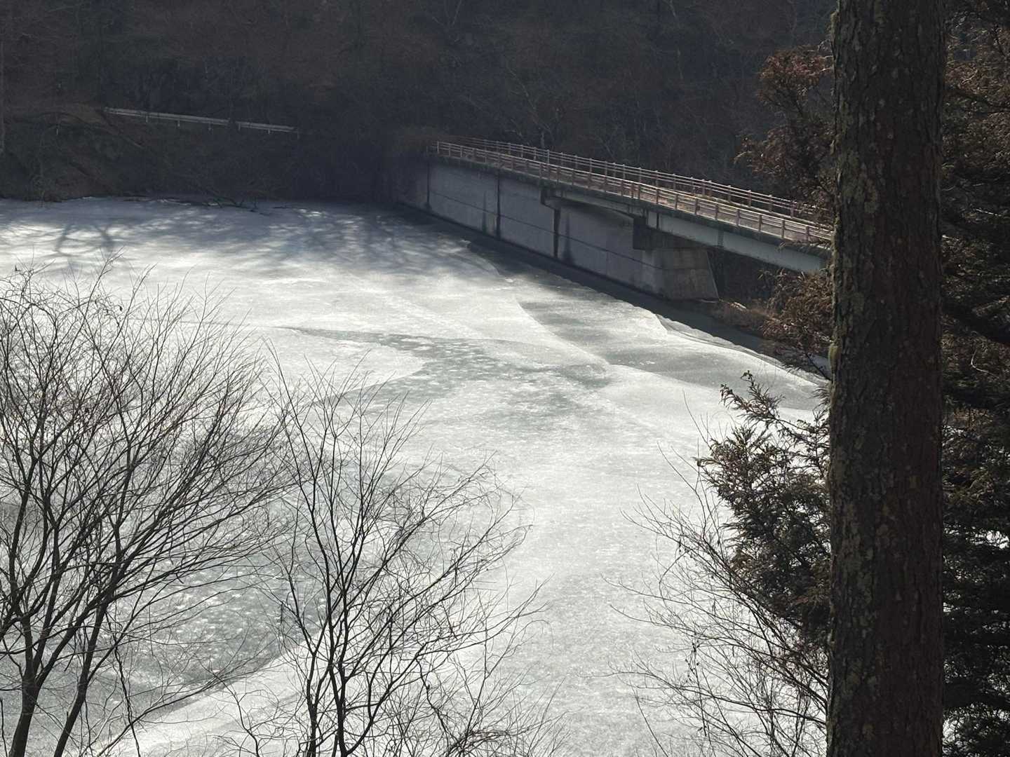 トイレ利用の為少し戻り、凍結したダム湖を再度眺める。