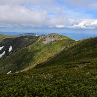 比麻奈山分岐にて ─── 日向が残る有明山への稜線