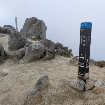 空木岳山頂。
新しい山頂標識、岩の陰にありました。