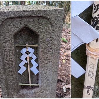 大日山北峯よりさらに北の疱瘡神。祠内に供えられた御幣（ごへい、おんべい、おんべ）幣束と言って、神々への捧げ物の「総称」を意味する。
新年用の粋な計らいは地元人？と思っていたが、帰宅後に画像拡大したらトンボマーク！！　ＮＮＮ