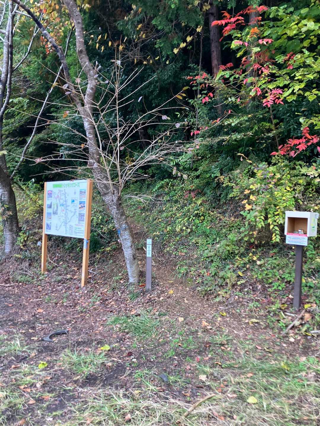 登山口。竜神大吊橋バス停から車道を少し下がって戻り、第二駐車場の所から。