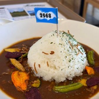 下山メシおつカレーライス1300円
標高2568mの旗が立つ。
ご飯が浅間山、カレーが溶岩らしい🌋
俺的には浅間山大噴火カレーと名付けたい。